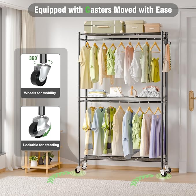 Neatrays Rolling Clothes Rack for Hanging Clothes, 47.2"x 11.8"x 79" Large Capacity Garment Rack with Double Rods & 3 Wire Shelves, Portable Closet with Wheels for Bedroom, Laundry, Balcony (Black)