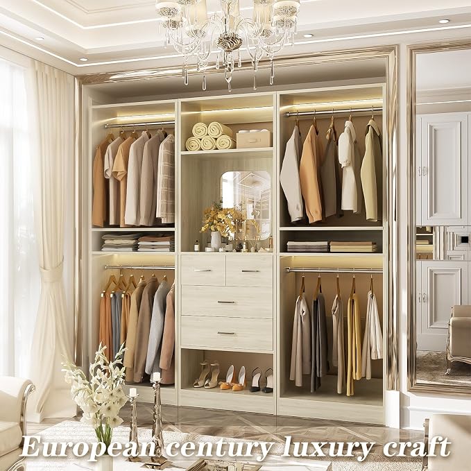 Unikito 75” Closet System with 4 Drawers, 6.3FT Wood Walk in Closet Organizer with Hanging Rods and Mirror, Reversible Large Closet Wardrobe with Shelves, Max Load 2000 LBS, White Oak