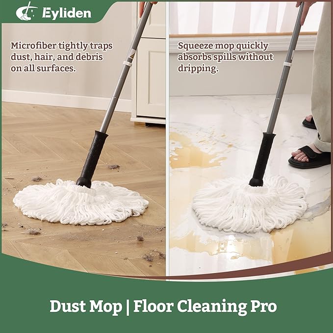 Eyliden Twist Mop - Simple, 57" Long Handle, Self-Wringing Microfiber String Mop for Floor Cleaning, Traps Dust & Pet Hair, Absorbs Spills Quickly, Safe for All Floor Types, JX-0001, White
