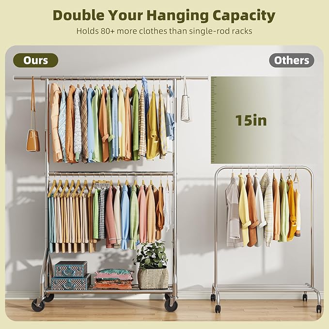 Simple Trending Heavy Duty Clothes Rack, Double Rod Clothing Rack with Wheels & Shelf, Rolling Garment Rack for Hanging Clothes, Adjustable Freestanding Wardrobe Closet for Bedroom, Laundry, Chrome
