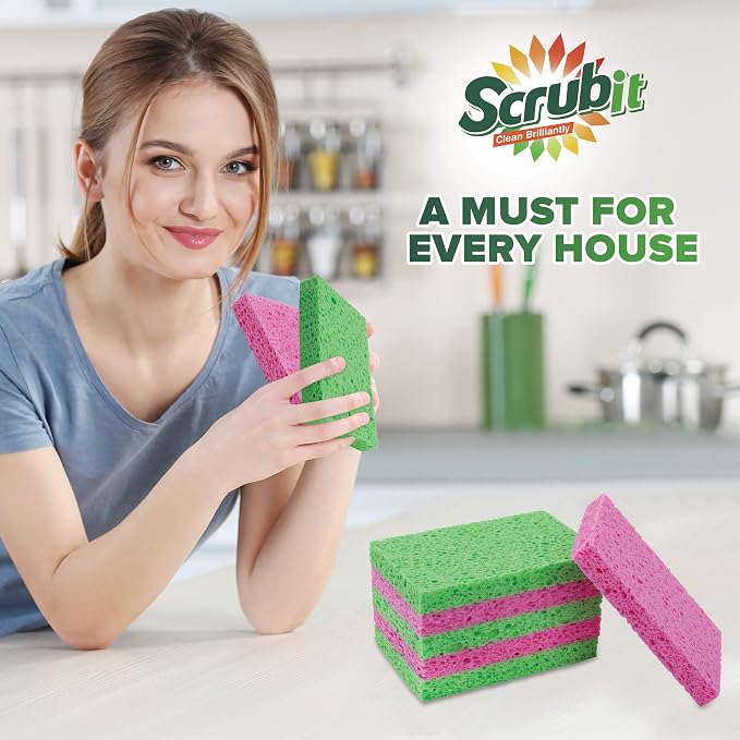 SCRUBIT Cellulose Scrub Sponge - Kitchen Cleaning Sponges for Dishes, Pans, Pots & More- 12 Pack Dishwashing Sponges - Colors and Packaging May Vary