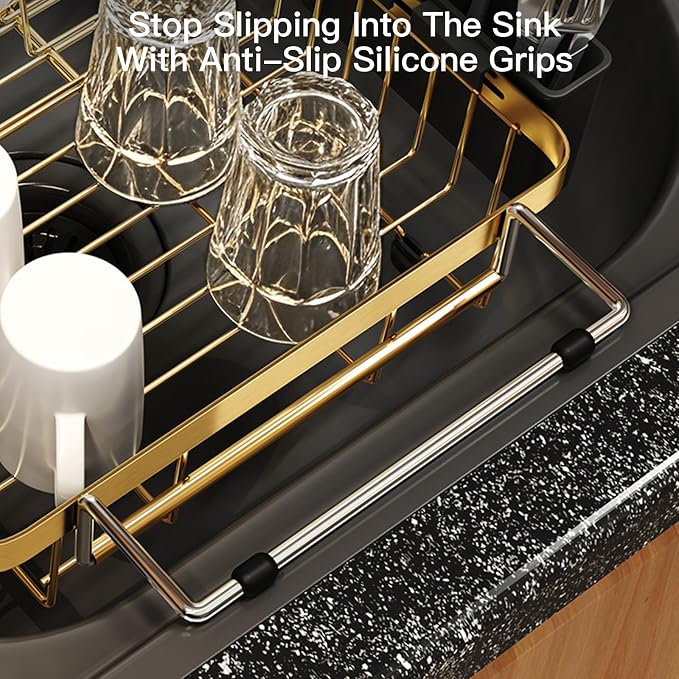 MAJALiS Gold Dish Drying Rack Over The Sink with Utensil Holder | Expandable Stainless Steel Dish Drainer for Small Kitchen, Apartment, RV, Counter Space Saving, Perfect Fit, Rustproof