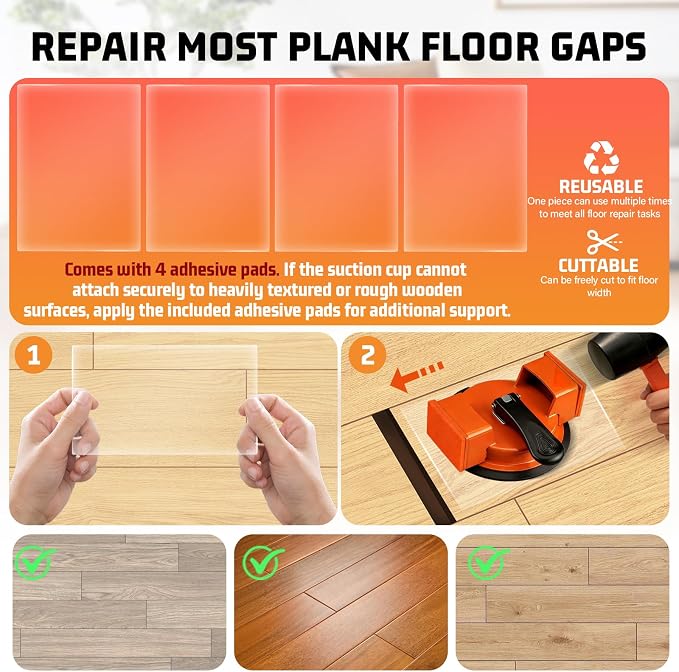 Floor Gap Repair Tool,Heavy Duty Floor Gap Fixer Suction Cup Tool | Enhanced Suction Cup Slot Cutter, 4 Sticky Pads, for Laminate Floors, Vinyl Floors, Hardwood Floors, Iron-Made