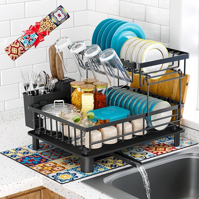 Dish Drying Rack, 2 Tier Dish Racks for Kitchen Counter, Compact Drying Rack Kitchen, Rust-Resistant Dish Drainer, Detachable Space-Saving Dish Rack with Drainboard, Utensil Holder, Black