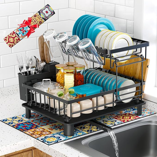 Dish Drying Rack, 2 Tier Dish Racks for Kitchen Counter, Compact Drying Rack Kitchen, Rust-Resistant Dish Drainer, Detachable Space-Saving Dish Rack with Drainboard, Utensil Holder, Black