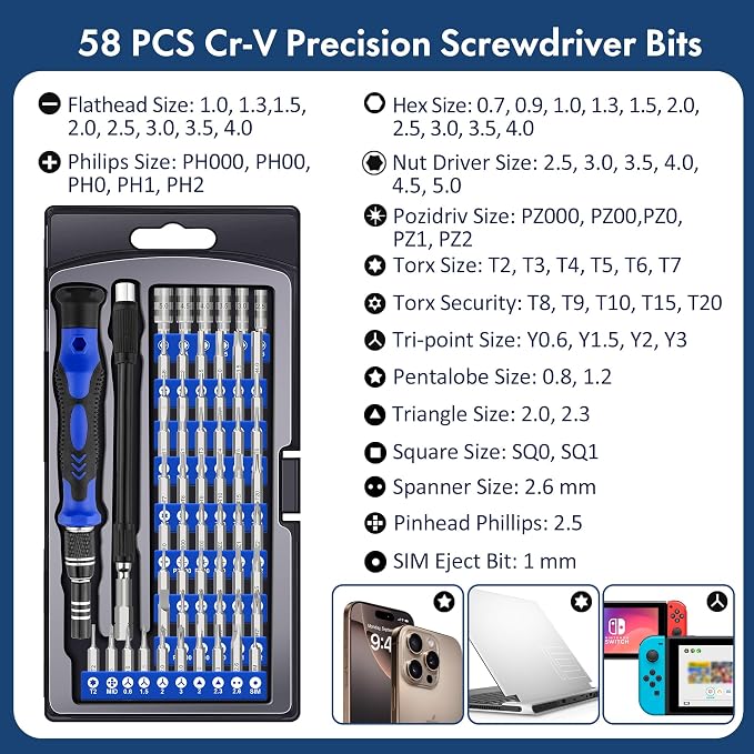 XOOL 62-in-1 Precision Screwdriver Kit, 58 Magnetic Bits, Flexible Shaft & Extension Rod, Electronics Repair Tool for Phone, Laptop, PC, Tablet, Game Console