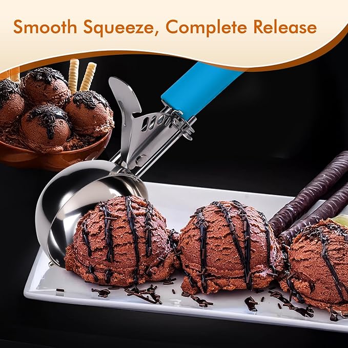 Fayomir Ice Cream Scoop with Trigger, 2 OZ Scoop, #16 Disher, Muffin Scoop, Large Cookie Scoops for Baking, Blue Handle, for Portion Control, Dishwasher Safe, Comfortable Grip