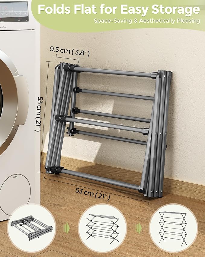 APEXCHASER 3-Tier Foldable Clothes Drying Rack, 37.6" H, Grey/Black | Rust-resistant Metal, Tool-free Assembly, Extendable Drying Hanger, Fold Flat to Easy Storage, 11.8" D x 35" W, Holds 24lbs