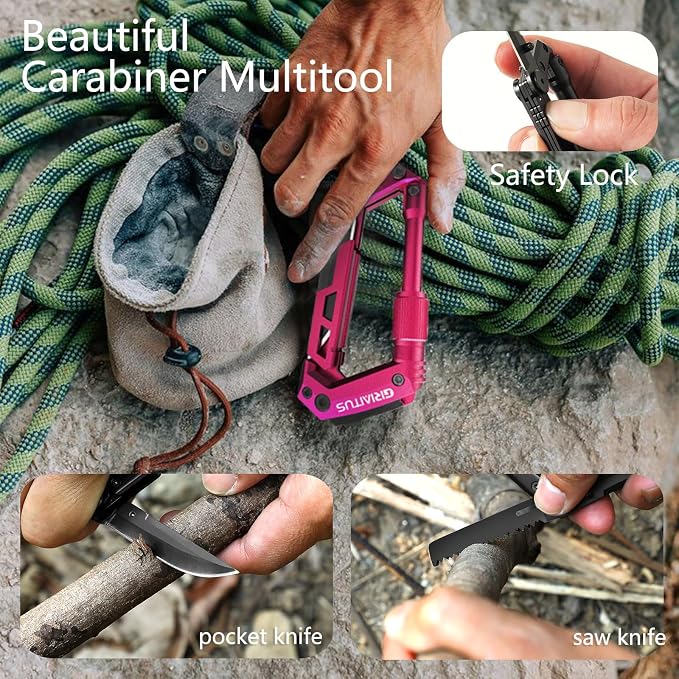 Dark Pink Color Multitool Carabiner EDC Pocket Knife Gifts for Women | EDC Carabiners Keychain with Bottle Opener, Rope Cutter, Window Breaker, multitool for Mom Wife Camping Hiking (Deep Pink)