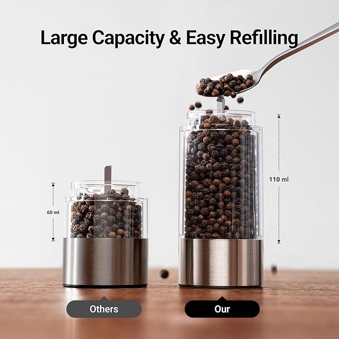 ThermoMaven Electric Salt and Pepper Grinder Set, 110ml Larger Rechargeable Automatic Salt and Pepper Mill Grinder with 6 Adjustable Coarseness, Electric Salt and Pepper Shakers, LED, Burnt Orange