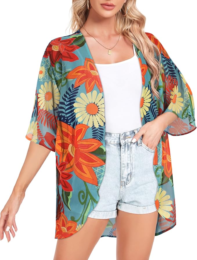 Women Kimono Cardigans Summer Cover Up Hawaiian Shirts Floral Print Tops | ROSEMIA chiffon kimono open front cardigans, beach cover ups, daily casual tops, cruise outfits, summer resort wear