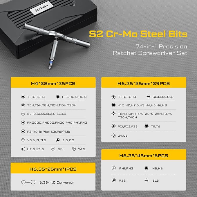 74 in 1 Magnetic Screwdriver Set, Ratchet Screwdriver Set | Detachable Allen Wrench T Handle & Storage Case, Gift for Men & Dad for Furniture, Electronics, Bicycle, DIY