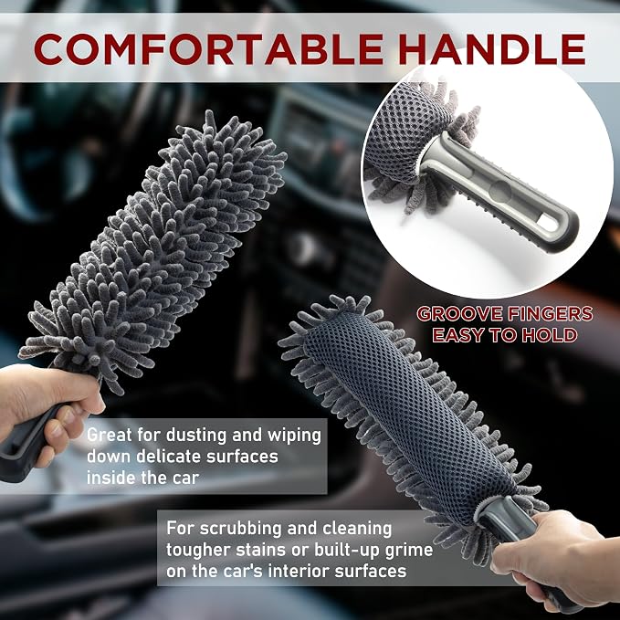 TAKAVU Car Duster Interior, Double-Sided Microfiber, Comfort Handle | Lint & Scratch-Free Cleaning for Trucks, RVs & Vehicles, Includes Microfiber Towel & Storage Bag, Soft