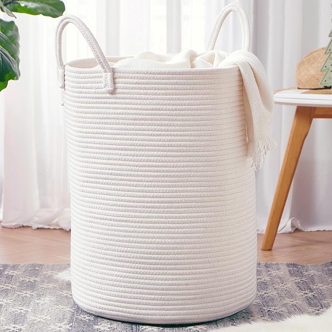 80L Extra Large Laundry Hamper Tall Woven Laundry Basket, White | Blanket Basket for Living Room, Clothes Hamper in Bedroom, 16"L x 16"W x 22"H