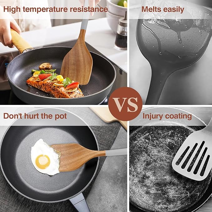 Wooden Spoons For Cooking, 6 Pieces Natural Acacia Wooden Cooking Utensils or Non-Stick Wooden Kitchen Utensil Set for Kitchen Essentials, Wood Cooking Utensils Set with Hanging Hole, Grey