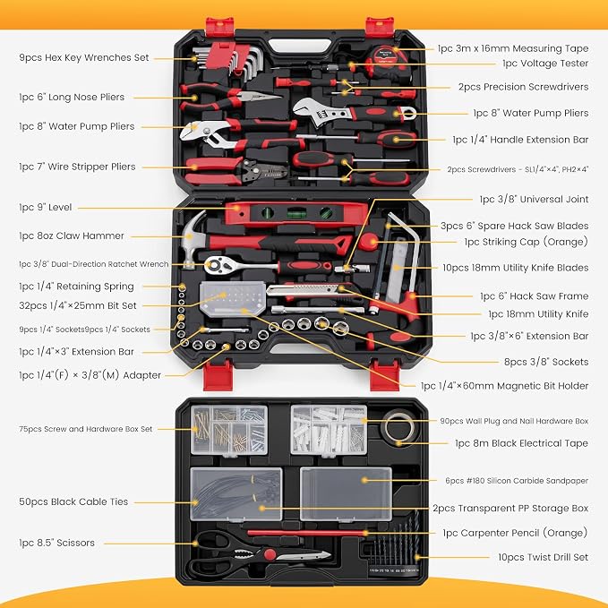 NEWBULIG 330-Piece Complete Tool Box Set, Durable Homeowners Tool Kit with Pull-Out Drawer, Versatile Home Repair Kit for Auto & Household, DIY Projects, Black-Red