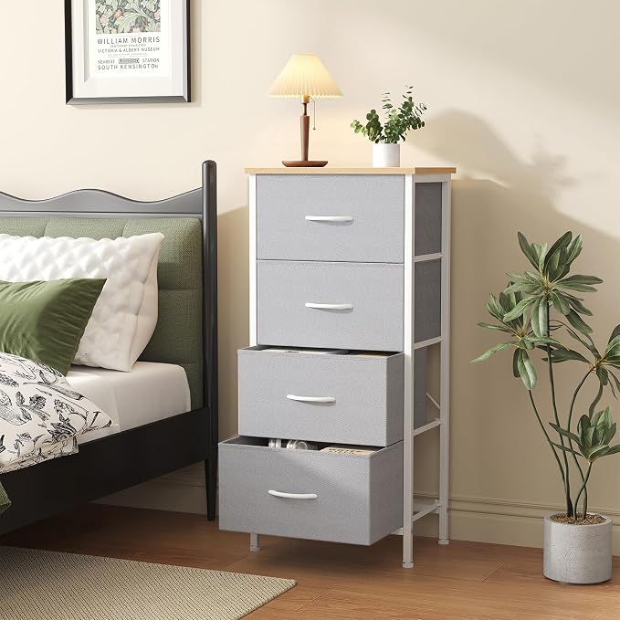 Sweetcrispy 4 Storage Drawer Dresser, Storage Cabinet, Clothes Organizer | Small Fabric Dresser for Closet, Chest of Drawers, Closet Organizer, Home Furniture, Sturdy Frame, Light Gray