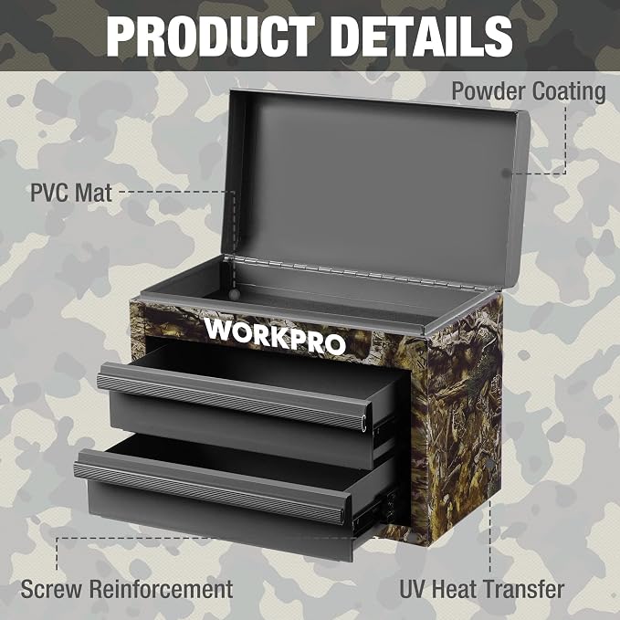 WORKPRO Metal Mini Tool Box with 2 Drawers and Top Storage | Cold Rolled Steel Toolbox, Ball Bearing Slides, PVC Drawer Liners, PP Feet Pads, Durable Storage