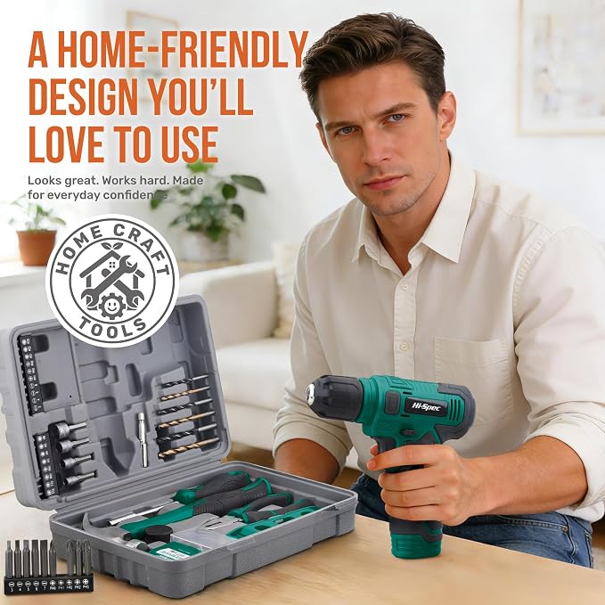 Hi-Spec 8V Cordless Drill and Tool Kit with Essential Hand Tools, Green | Power USB Rechargeable, Home Improvement, faster holes and screwdriving, portable, light-duty project, home setup help