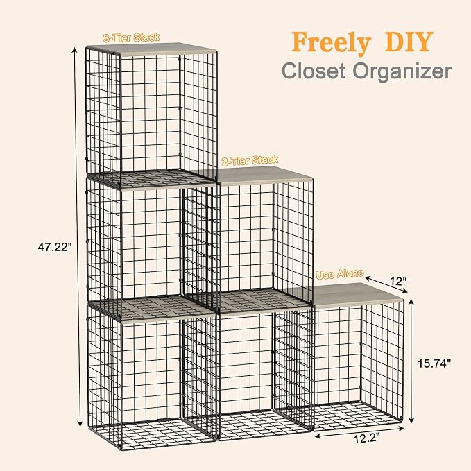 3-Pack Taller Closet Organizers and Storage with Wood Top, Stackable Wire Storage Bins for Clothes, Bags, Towels, Double Storage Design, Sturdy Metal Cube Shelf Organizer for Closet Wardrobe, Black