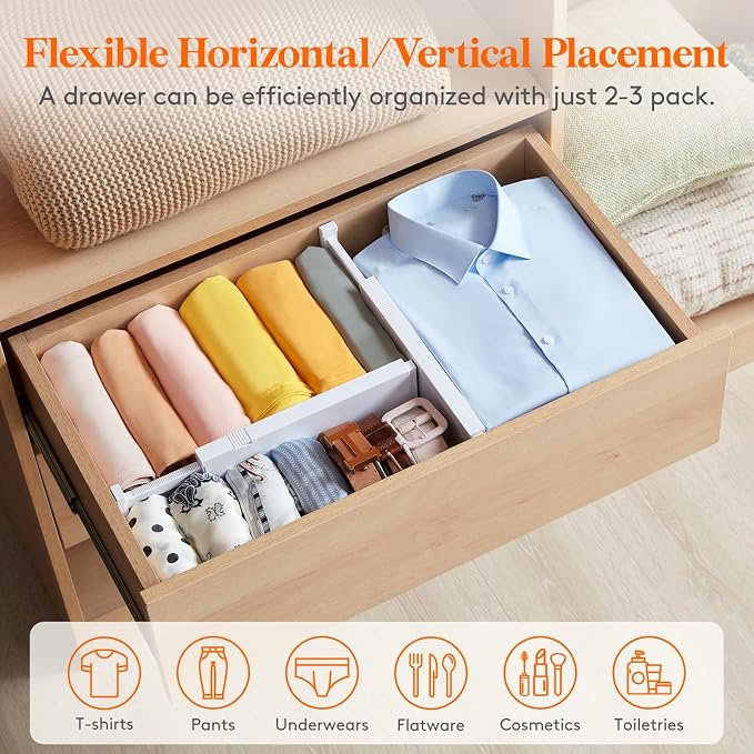 Lifewit 12 Pack Upgrade Drawer Dividers for Clothes, 4" High 11-17" Adjustable Dresser Drawer Organizers, Expandable White Plastic Drawer Separators for Kitchen, Nursery, Office Organization & Storage