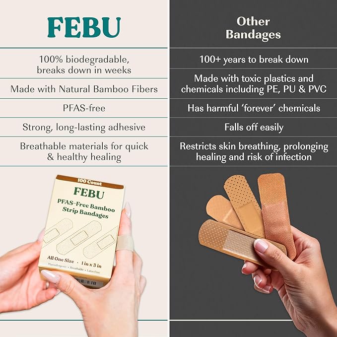 FEBU PFAS Free Bamboo Fabric Bandages, 75 Count Strip | Eco-Friendly, Flexible Fabric, Natural Hypoallergenic, Fully Compostable, Latex Free, For First Aid, Cuts and Scrapes