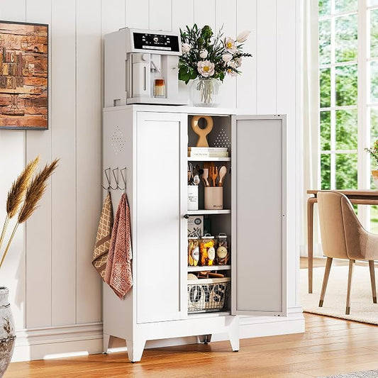 AQY Metal Pantry Cabinet with Adjustable Shelves, White Kitchen Pantry Storage Cabinet with 2 Doors, Freestanding Storage Cupboard Organizer for Dining Room, Living Room, Bathroom