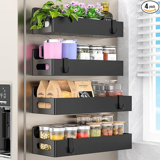 HuggieGems 4 Pack Magnetic Spice Seasoning Rack for Refrigerator, Magnetic Shelf Holder for Fridge with 4 Hooks for Kitchen Organization Storage, Black