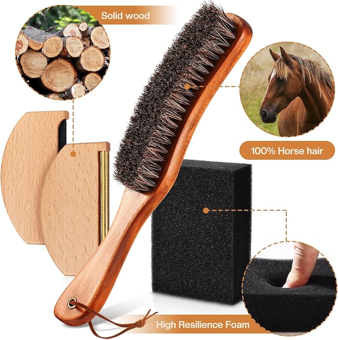 4 Pcs Horsehair Felt Hat Brush Kit with Cleaning Sponge Cowboy Clean Hat Wood Fedora Hat Cleaning Set Baseball Cap Lint Brush Remove Dust for Hair Furniture Suits Clothes(Style C)