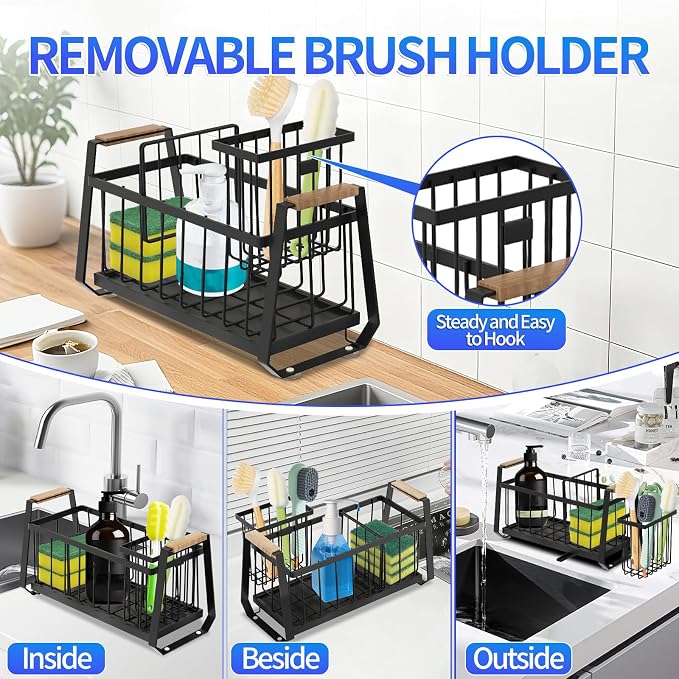 Sponge Holder for Kitchen Sink, Kitchen Sink Caddy Organizer with High Brush Holder, Rustproof Sponge Holder, Kitchen Countertop Organizers and Storage Essentials