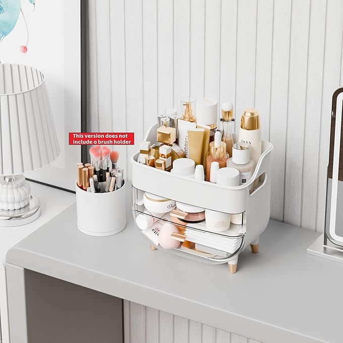 Yieach Countertop Makeup Organizers with Drawers and Handle,Large Cosmetic Organizer for Bathroom Vanity and Dressing,White Cosmetic Display Cases for Hair Tool,Beauty Products,Skin Care Organizer