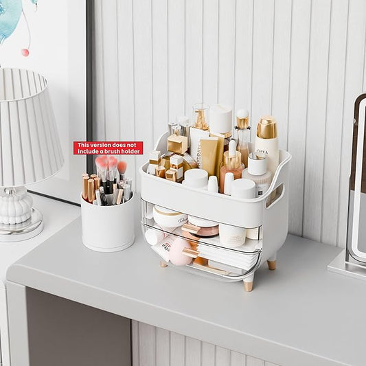 Yieach Countertop Makeup Organizers with Drawers and Handle,Large Cosmetic Organizer for Bathroom Vanity and Dressing,White Cosmetic Display Cases for Hair Tool,Beauty Products,Skin Care Organizer