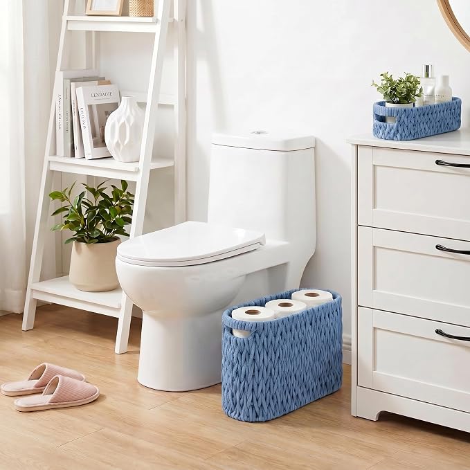 Boho Toilet Paper Storage Baskets, Cotton Rope Woven Bathroom Basket Set of 2, Standing Toilet Paper Holder for 6 Mega Rolls,Storage Bins for Toilet Tank Top, Bathroom Organizer Decor (Blue 2 Pack)