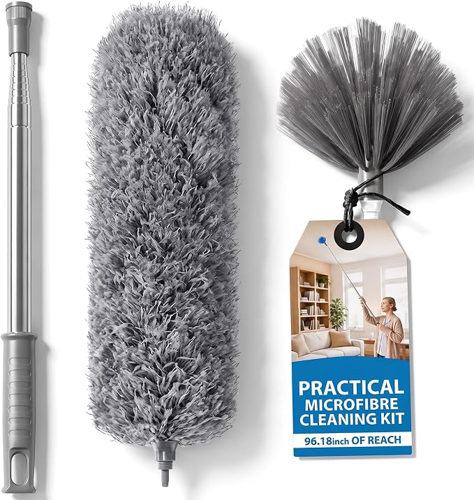 Duster with Extension Pole 30-100 Inches, Bendable Microfiber Cobweb, Gray, Duster for Cleaning Ceiling Fan, High Ceiling, Roof, Window & Blinds