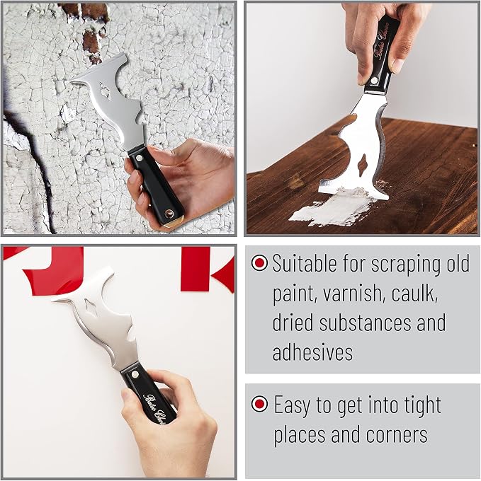 Bates- Paint Scraper, 10-in-1 Painter’s Tool, 3 Pack, Sharp Beveled Blade & Strong Handle, Hammer End, Multi-Use Paint Scraper for Wood, Caulk, Adhesive, Varnish Removal, Putty Knife & Spackle Tool