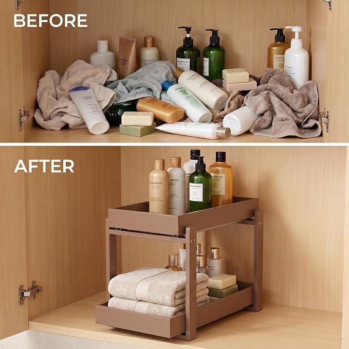 Bamboo Under Sink Organizer Adjustable Height 2 Tier Bathroom Organizer Pull Out Cabinet Storage Kitchen Heave Duty Wood Slide Ou Shelf for Kitchen Bathroom (Black, 2 Packs) (Brown, 2 Pack)