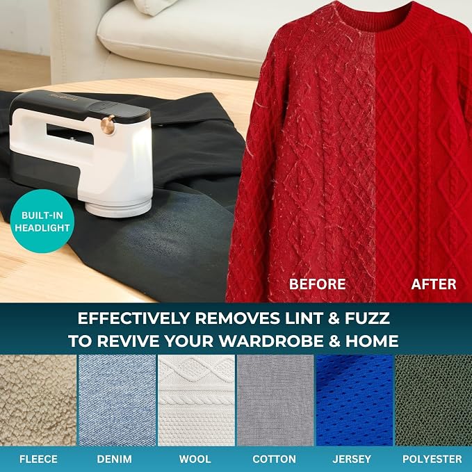 True & Tidy XL Rechargeable Fabric Shaver & Lint Remover w/Built-in Light