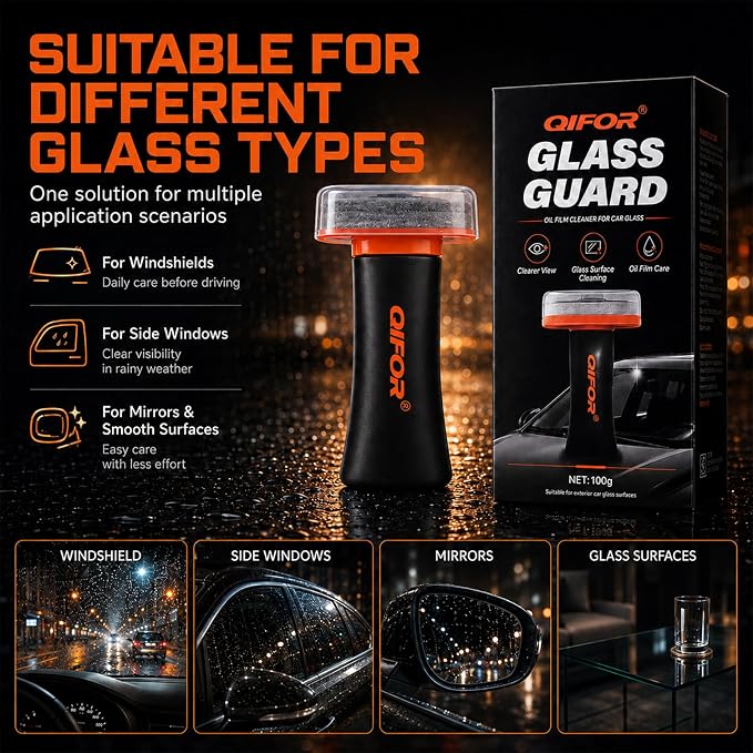 QIFOR Oil Film Remover for Car Windshields and Windows, Automotive Glass Cleaner for Oil Residue & Road Grime, Improves Visibility & Safe Driving (2 PCS)