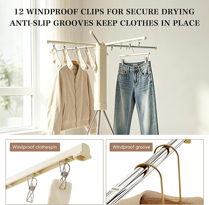 Foldable Clothes Drying Rack, Adjustable Windproof Laundry Drying Rack with Grooves & Clips, Outdoor Clothes Drying Rack Stand for Indoor Outdoor,Travel, Camping, Hotel, RV, Small Apartment