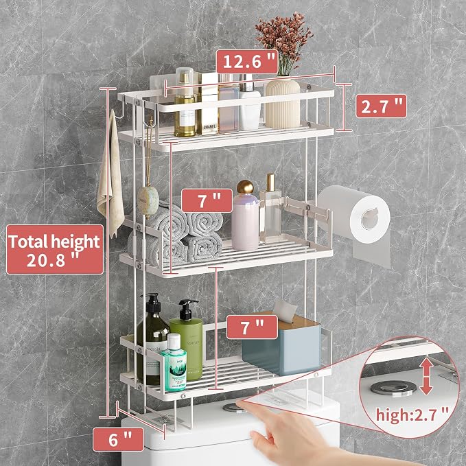 Godboat 3-Tier Over Toilet Storage Shelf, Wall-Mount with 2 Hook/Paper Rack | Bathroom Organizers and Storage Cabinet, Behind/Above/On/Top/Back Tank Shelves, Decor for Bathroom/Restroom/Kitchen/Bedroom