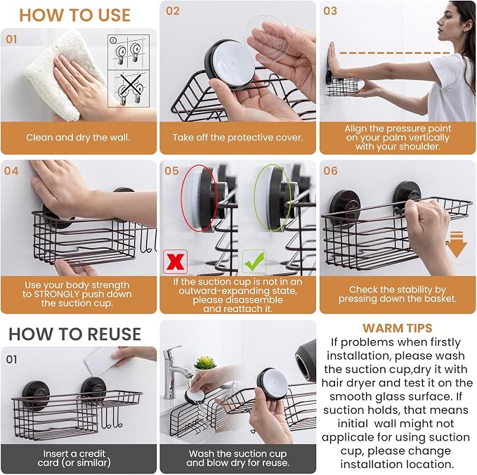 LEVERLOC Shower Caddy Suction Cup, Heavy Duty Bathroom Organizer for Inside Shower with Hooks & Soap holder， NO-Drilling Bathroom Holder-Brown
