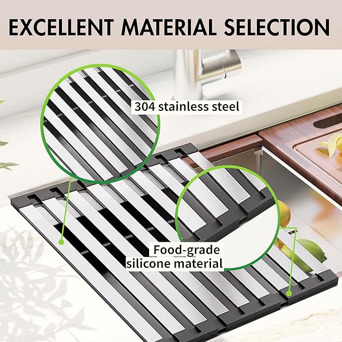 Over the Sink Kitchen Dish Drying Rack Organizer - Stainless Steel Collapsible Non-Slip Space-Saving [23.26 * 12.8IN] - Rust-Resistant Heat-Resistant Sturdy - Easy to Clean