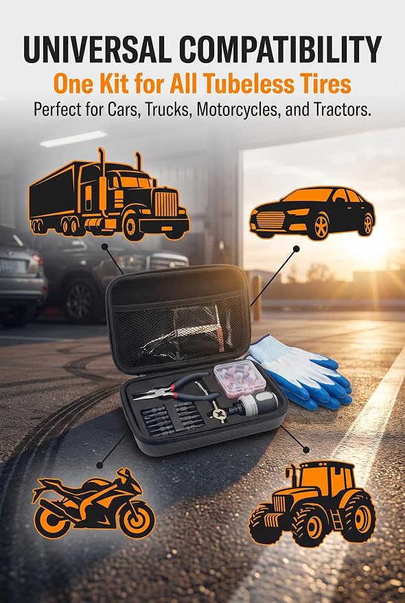 Tire Repair Rubber Nail Kit with Ratcheting Screwdriver, Needle-Nose Pliers & Organizer Case, Fast Self-Service Tool for Car, Truck, Motorcycle, Tractor Tire Puncture Repair
