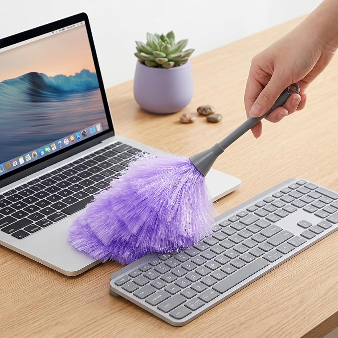 Goaste 12 Pack Microfiber Delicate Duster, 12.8 Inch Fluffy Feather Dusters with Plastic Handle, 2 Colors Electrostatic & Washable Cleaning Tool for TV Screen, Car, Laptop, Keyboard (Purple & Gray)