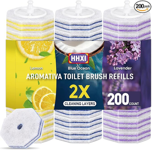200Ct Aromative Toilet Brush Refills, Toilet Bowl Cleaner Refills, Double-Layer Cleaning Pads Added, Disposable Refill Heads for Toilet Bowl Cleaner Wands，Bulk （Patented）