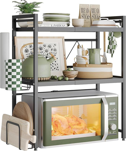 NETEL 3 Tier Expandable Microwave Stand countertop,Microwave Oven Rack | microwave shelf with Paper Towel and Chopping Board Holder, storage shelf for appliances,55 Lbs load Per Tier,Black