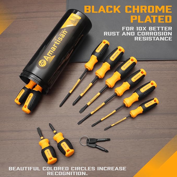 Amartisan 12-Piece Magnetic Screwdrivers Set, 5 Phillips and 5 Slotted Tips Professional Cushion Grip Screwdriver Set （2pcs Portable Multifunction Key Mini Screwdriver）