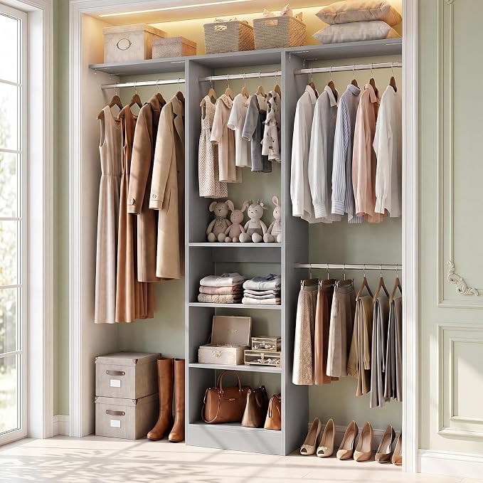 Besiost 48" Closet Organizer System, 4FT Closet System for Small Closets with 4 Hanging Rods & 3 Shelves, 80"H Small Closet Organizers and Storage for Bedrooms, Cloakrooms, Gray