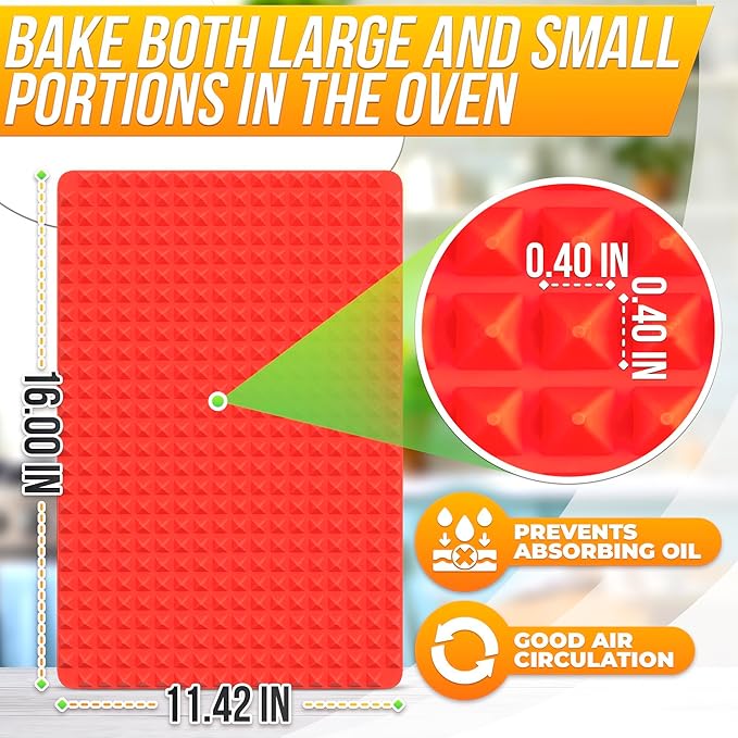 Red Silicone Baking Mat - 16x11.42" Non Stick Baking Mat With Fat Filtering Red Pyramid Design, Suitable for Oven & Microwave - Flexible & Easy-to-Clean Silicone Cooking Mats for Roasting, BBQ, Bacon