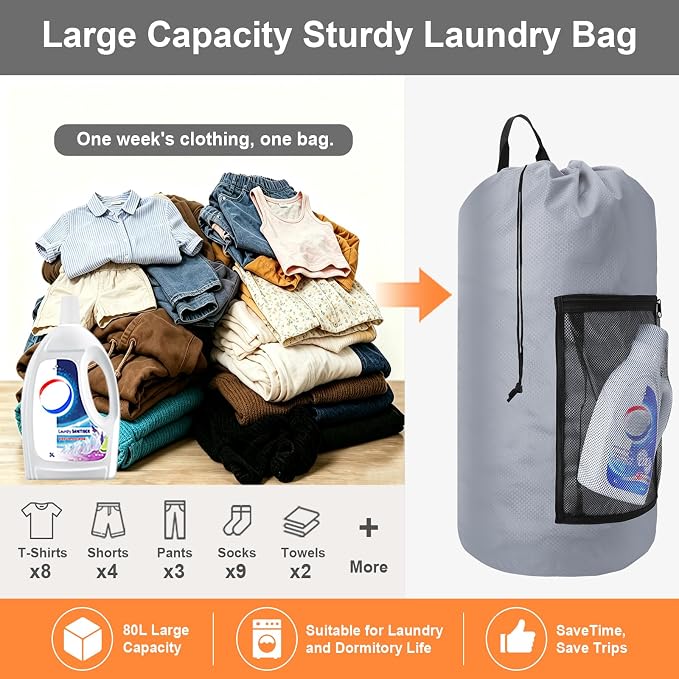 Laundry Bag Backpack Durable Laundry Bag with Shoulder Straps and Mesh Pockets Portable Laundry Hamper Dirty Clothes Bag for College, Travel, Laundromat, Apartment (Gray)